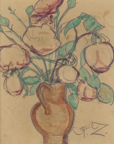 Kazimierz Józef (Caziel) ZIELENKIEWICZ (1906 Sosnowiec k. Kielc - 1988 w Anglii) KWIATY W GLINIANYM WAZONIE akwarela, ołówek, papier