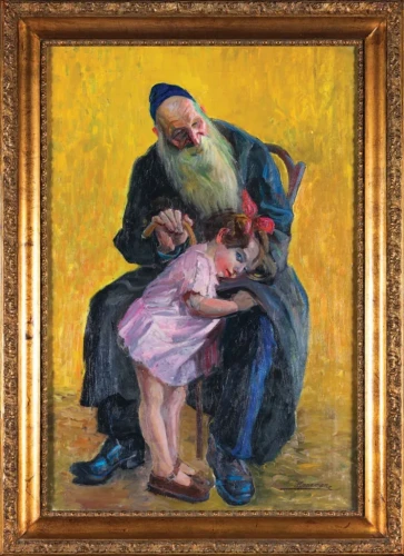 Max Haneman(1882 Łódź-1944?) Dziadek i wnuczka, olej na płycie, 73 x 49 cm,  