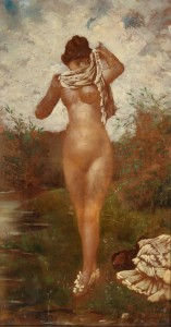 N. LEJEU - Kobieta w kąpieli, olej na desce, sygn. p.d. - 27,5 x 15,5 cm