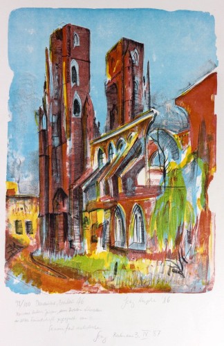 Kupke  Georg (Breslau-Wrocław- Berlin 1926-1998) „Domruine, Breslau( ruiny katedry we Wrocławiu) '46“. litografia kolorowana