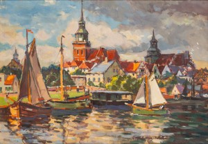 Otto Lang-Wollin (1881-1958), widok portu w Wollinie, olej na tekturze