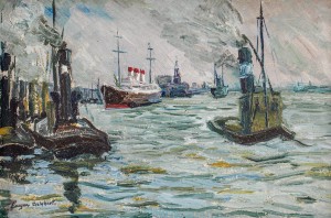 Eugen Dekkert (1865–1956) – Parowce w porcie, przypuszczalnie Szczecin