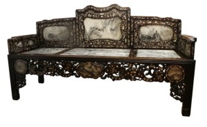 Sofa chińska i 3 krzesła wykonana z drewna Huanghuali i płyt marmurowych, XIX w., Chiny