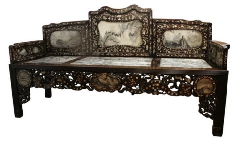 Sofa chińska i 3 krzesła wykonana z drewna Huanghuali i płyt marmurowych, XIX w., Chiny
